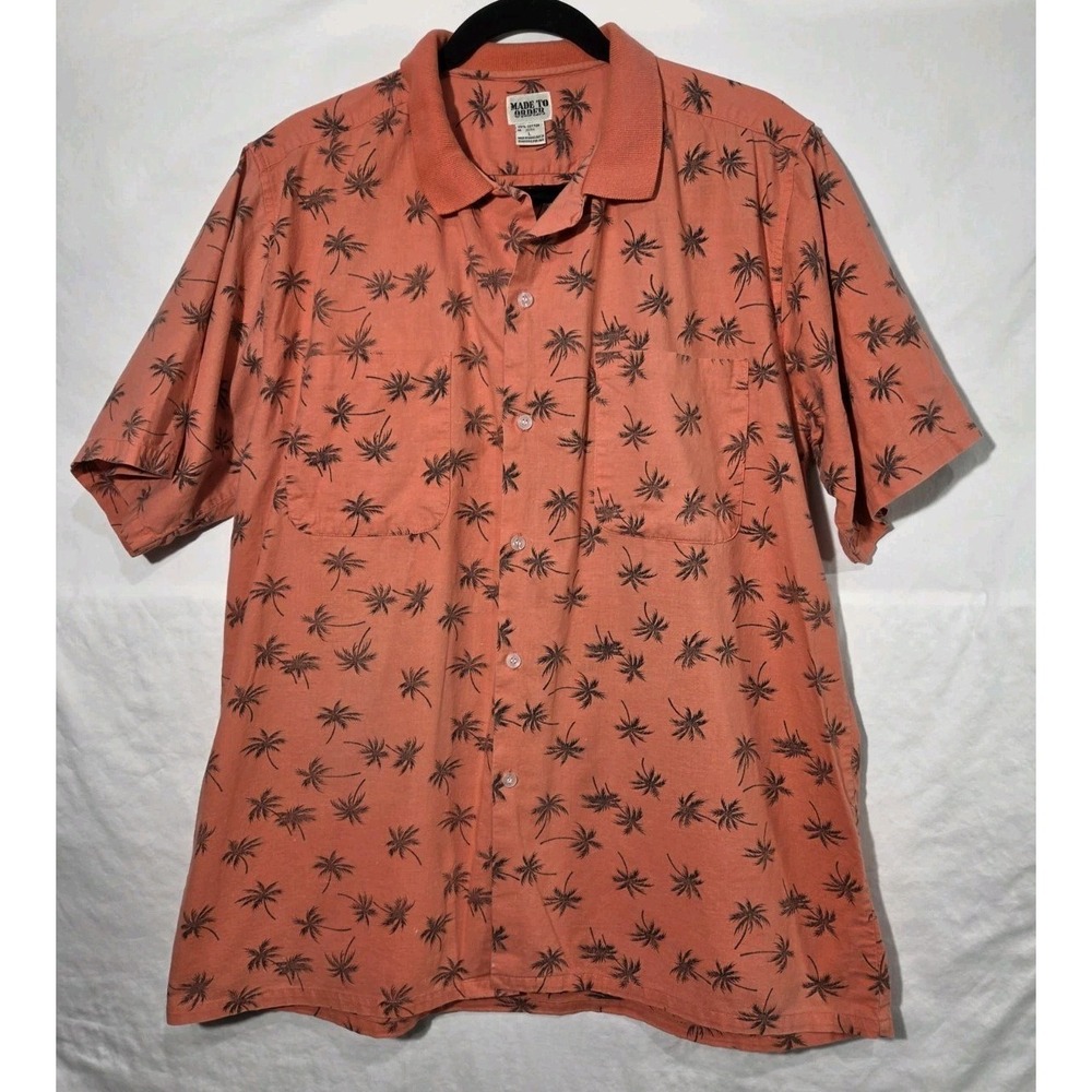 Y2K Made To Order Button Up Shirt L Palm Tree AOP Coastal Grandpa Coral Tropical